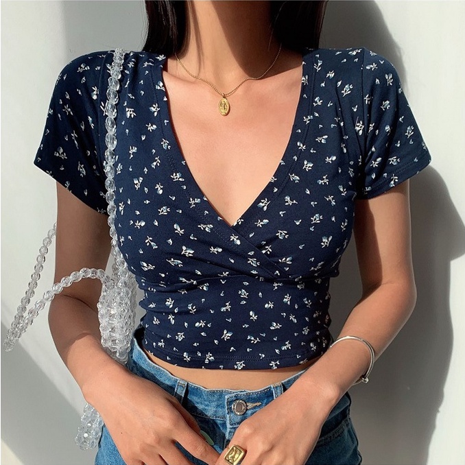 Áo thun TODOBLACK ngắn tay cổ chữ V in hoa phong cách cổ điển thời trang mùa hè dành cho nữ