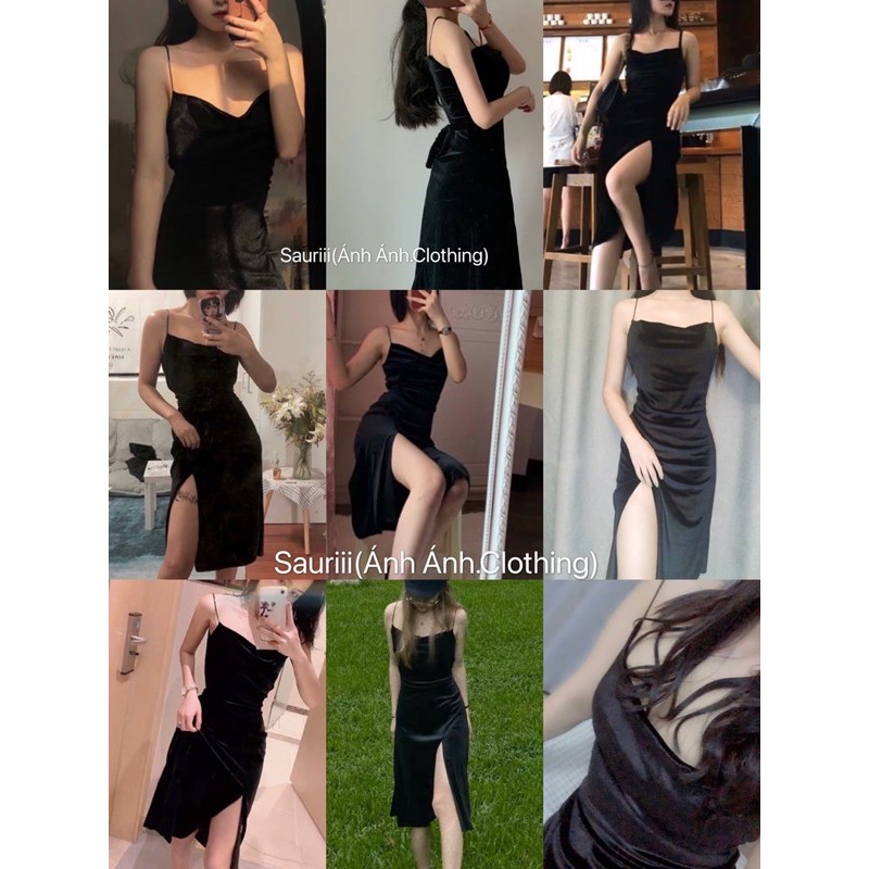 SẴN🖤Đầm dự tiệc hai dây nhung ôm body trơn basic sang chảnh|Đầm suông xẻ sexy dây quyến rũ dáng dài cổ đổ | BigBuy360 - bigbuy360.vn