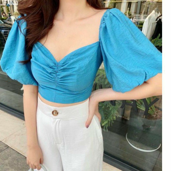 áo crop nhún ngực tay phồng kèm ảnh thật | BigBuy360 - bigbuy360.vn