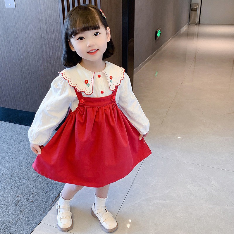 Set Áo Sơ Mi Tay Phồng Thêu Họa Tiết + Đầm Yếm Thời Trang Mùa Thu Xinh Xắn Cho Bé Gái