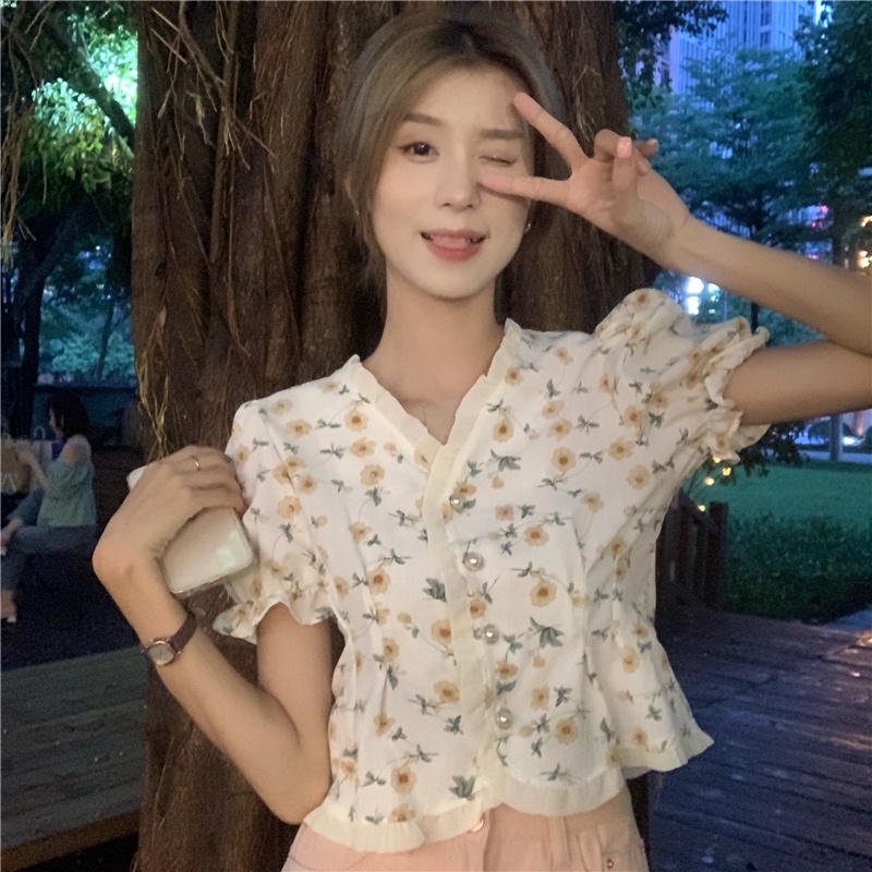 SUXI Áo Kiểu Tay Phồng Ngắn Cổ Chữ V Dáng Ôm In Họa Tiết Hoa Phong Cách Cổ Điển Thời Trang Mùa Hè Cho Nữ