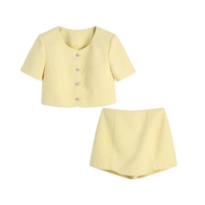 SET ÁO CROPTOP KÈM QUẦN VÁY MÀU VÀNG NHẠT ZR XUẤT XỊN