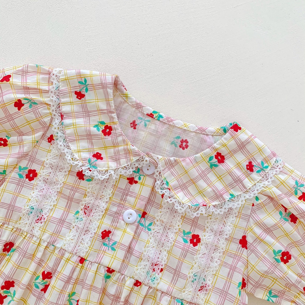 Bộ Áo Liền Quần Ngắn Tay Phối Ren In Hoa Thời Trang Mùa Hè Cho Bé Gái Sơ Sinh