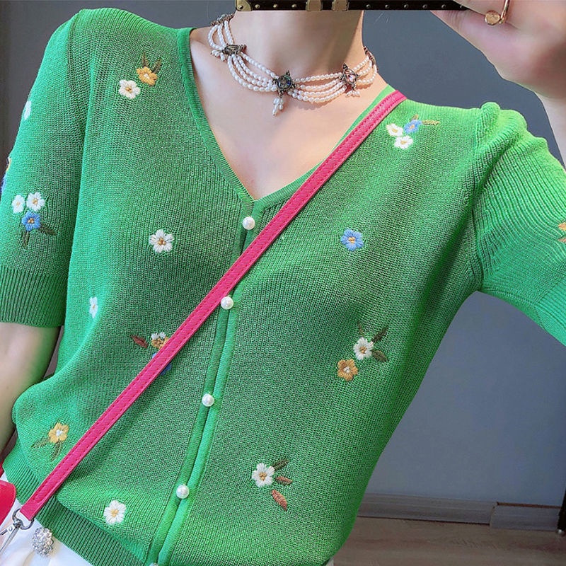 Mới Áo cardigan dệt kim cổ chữ V tay ngắn dáng rộng in hoa một hàng nút thời trang Hàn Quốc cho nữ