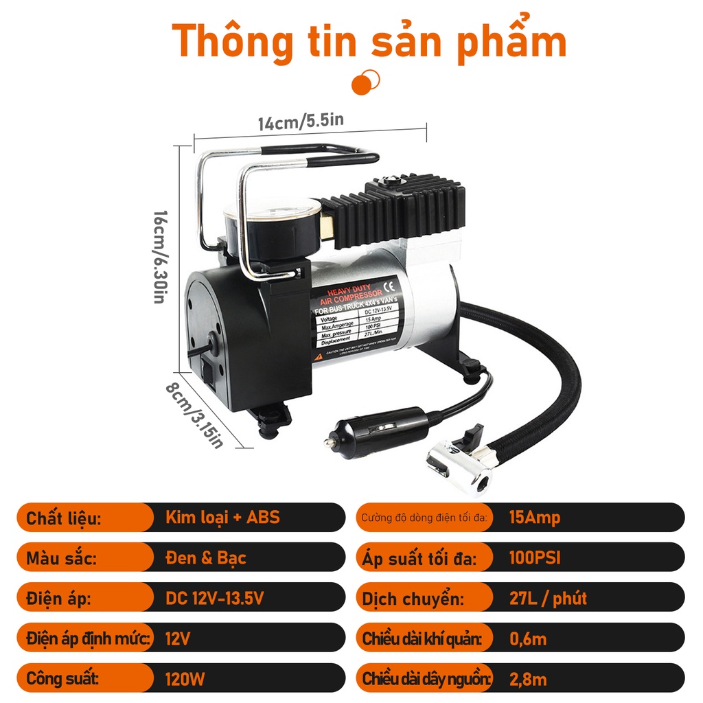bơm lốp ô tô, máy nén khí mini 12v - Trọng Lượng Nhẹ ,Phí nhanh 60s,lực bơm cực khỏe,kế nhỏ gọn,máy bơm lốp ô tô