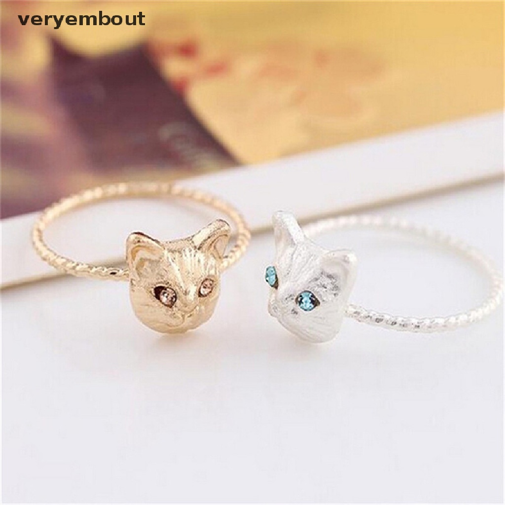 ut 1Pc Women Mini Lovely Cat Shaped Ring Rhinestone Studd Ring Black Gold Silver n