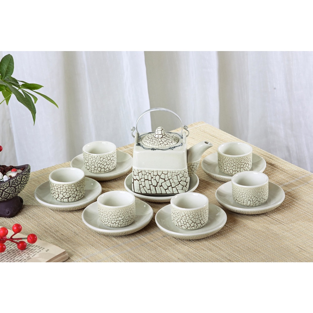 Bộ Ấm Chén Men Màu Rạn Dáng Vuông 400ml Gốm Sứ Bát Tràng Cao Cấp