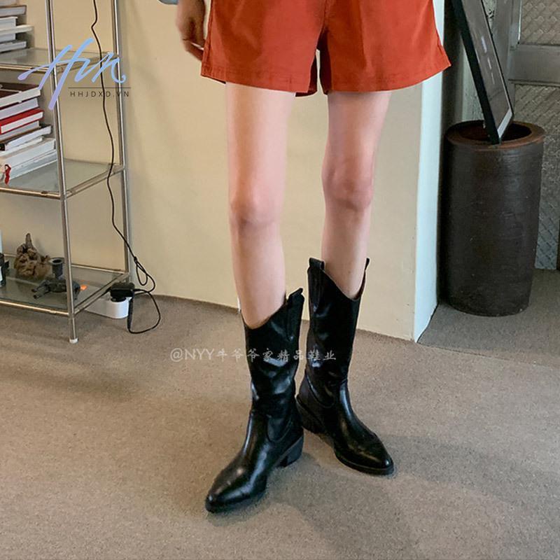 Giày Bốt Cao Bồi Bằng Da Thật Mũi Nhọn Gót Dày Vừa Vặn Phong Cách Cao Bồi Phương Tây Cho Nữ