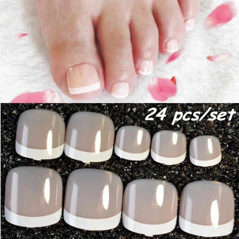 Mới Set 24 Móng Chân Giả Sơn Màu Trắng Trang Trí