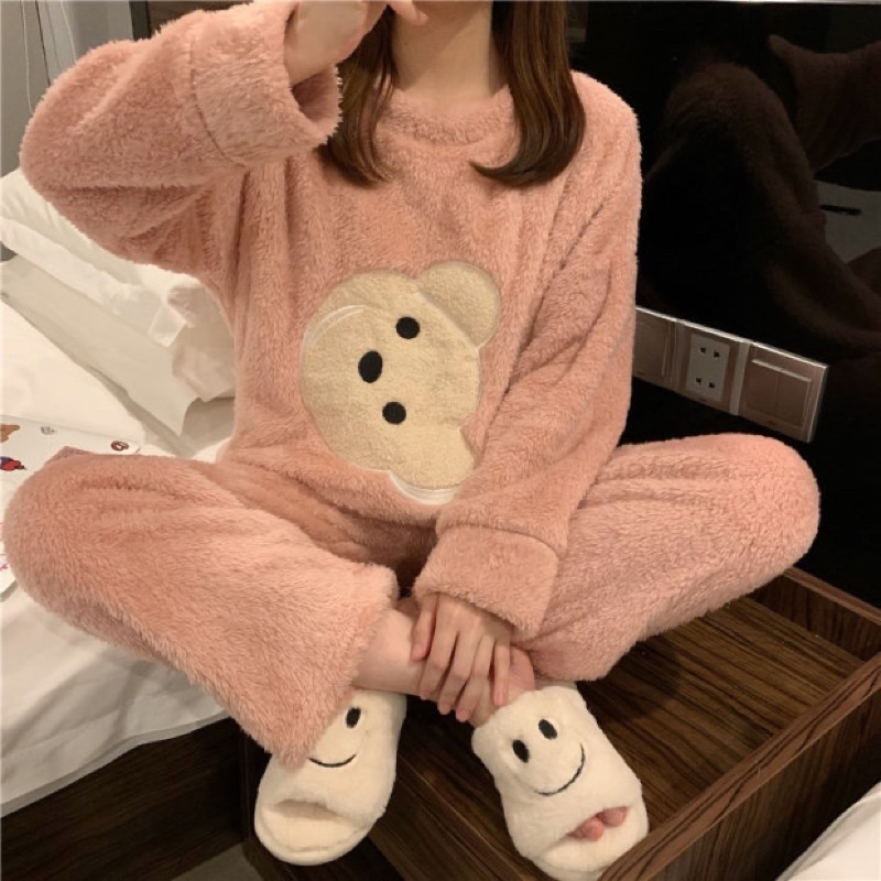 [44CAM] Bộ ngủ nữ dài tay cổ tròn mùa đông họa tiết gấu cute rộng rãi thoải vải nỉ bông ấm áp