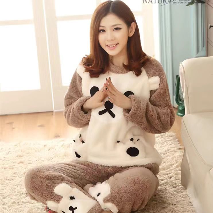 Bộ đồ ngủ tay dài chất nỉ dày dặn giữ ấm mùa thu đông phong cách Hàn Quốc dễ thương cho nữ