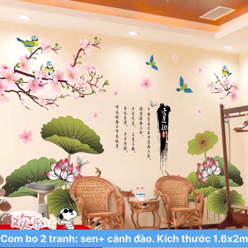 Tranh dán tường, Decal dán tường sen và cành đào.