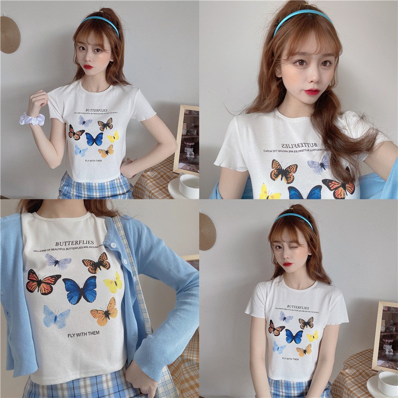 Áo croptop nữ ngắn tay ZOZORO ôm form in hình hồ điệp chất vải đẹp thoáng mát - AT10