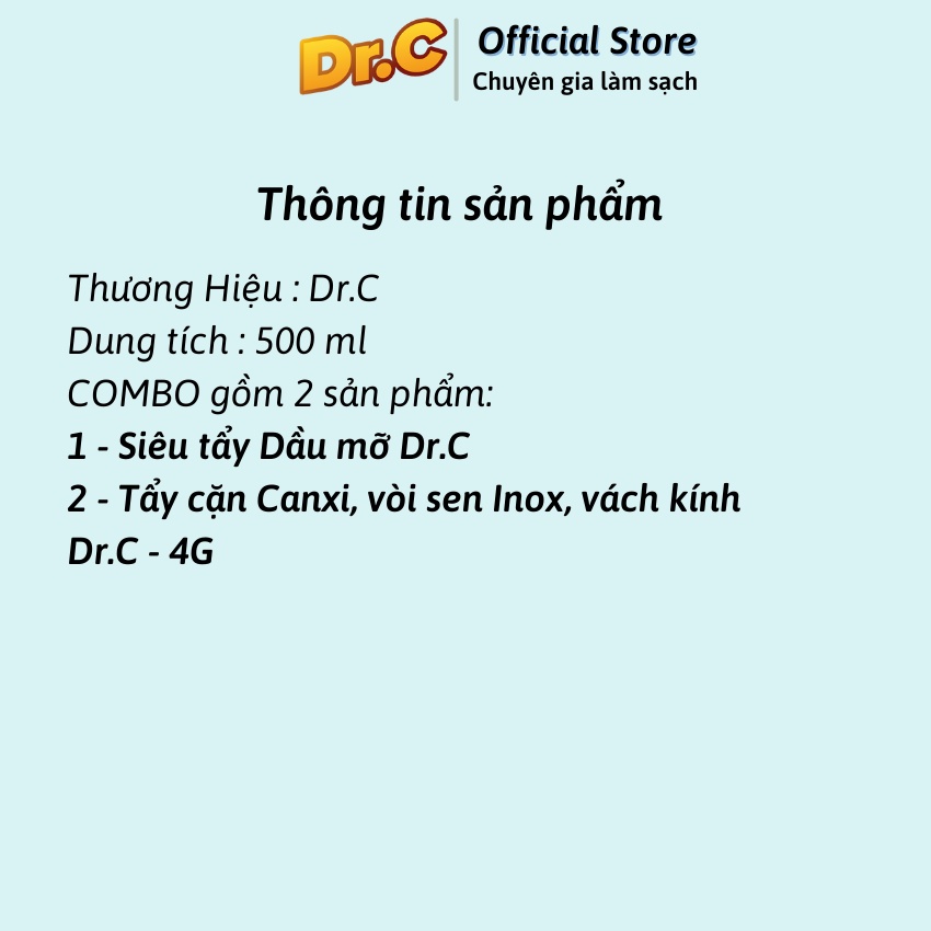 Combo siêu tiết kiệm ( Siêu tẩy dầu mỡ + Tẩy Cặn Canxi, vòi sen, vách kính) Dr.C, CHÍNH HÃNG