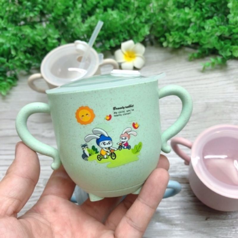Cốc uống nước lúa mạch có nắp và ống hút, ca cho bé uống nước