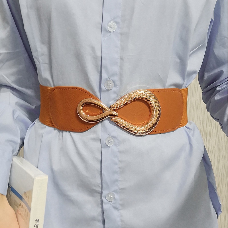 Thắt Lưng Da PU Bản Rộng Co Giãn Phối Khóa Cài Vàng Thanh Lịch Cho Nữ