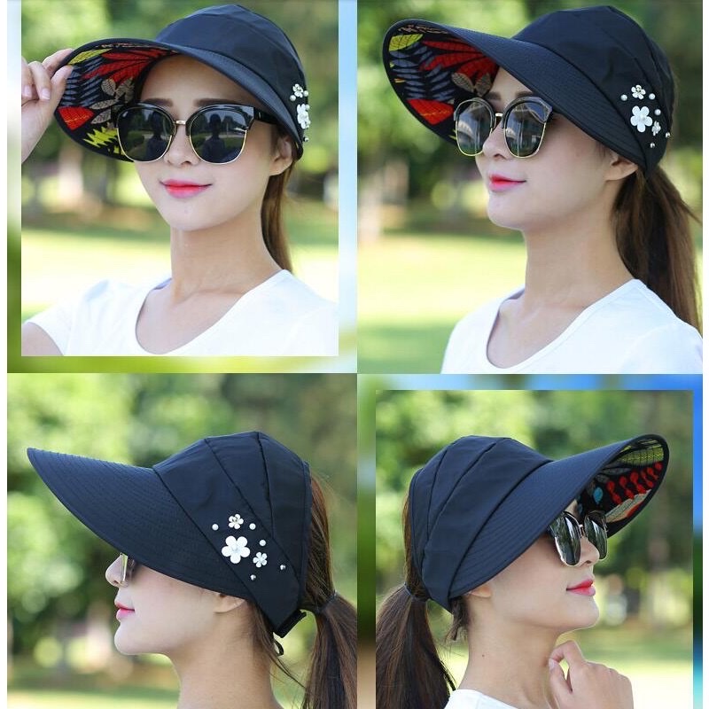 Mũ mùa hè rộng vành chống Nắng Nửa Đầu gắn ngọc trai, Nón Đi du lịch, Biển Thời Trang Hàn Quốc CHỐNG GẪY GẬP
