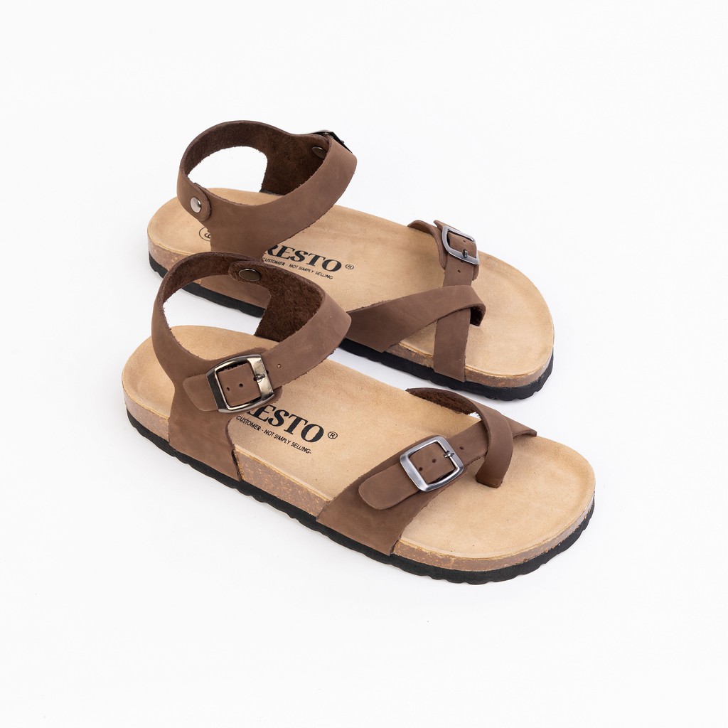 [Da bò] Giày Sandal Nam Nữ PRESTO Xỏ Ngón Thời Trang Da Bò (Nâu/Đen) - SD01