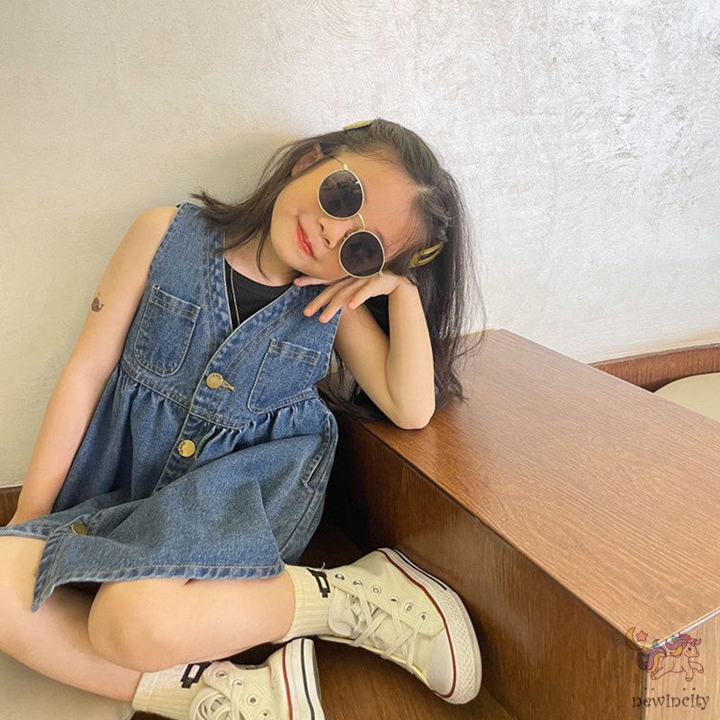 Đầm Denim Sát Nách Phối Túi Phong Cách Retro Hàn Quốc Cho Bé Gái