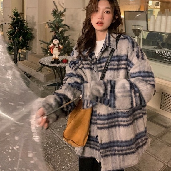 ZHELIHANGFEI Áo Khoác Len Tay Dài Cổ POLO Form Rộng Họa Tiết Kẻ Sọc Hợp Thời Trang