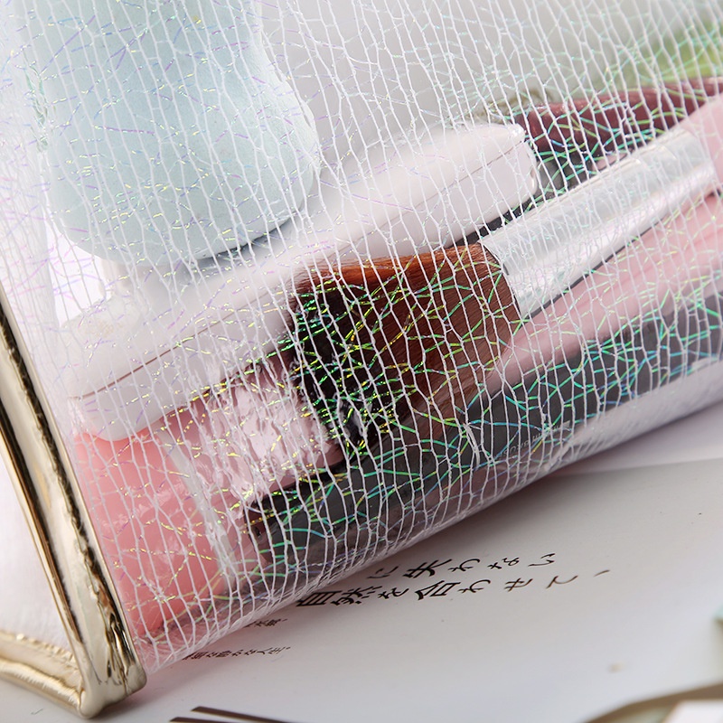 Túi đựng mỹ phẩm du lịch bằng nhựa TPU trong suốt hình vuông có khóa kéo màu vàng kim cho nữ