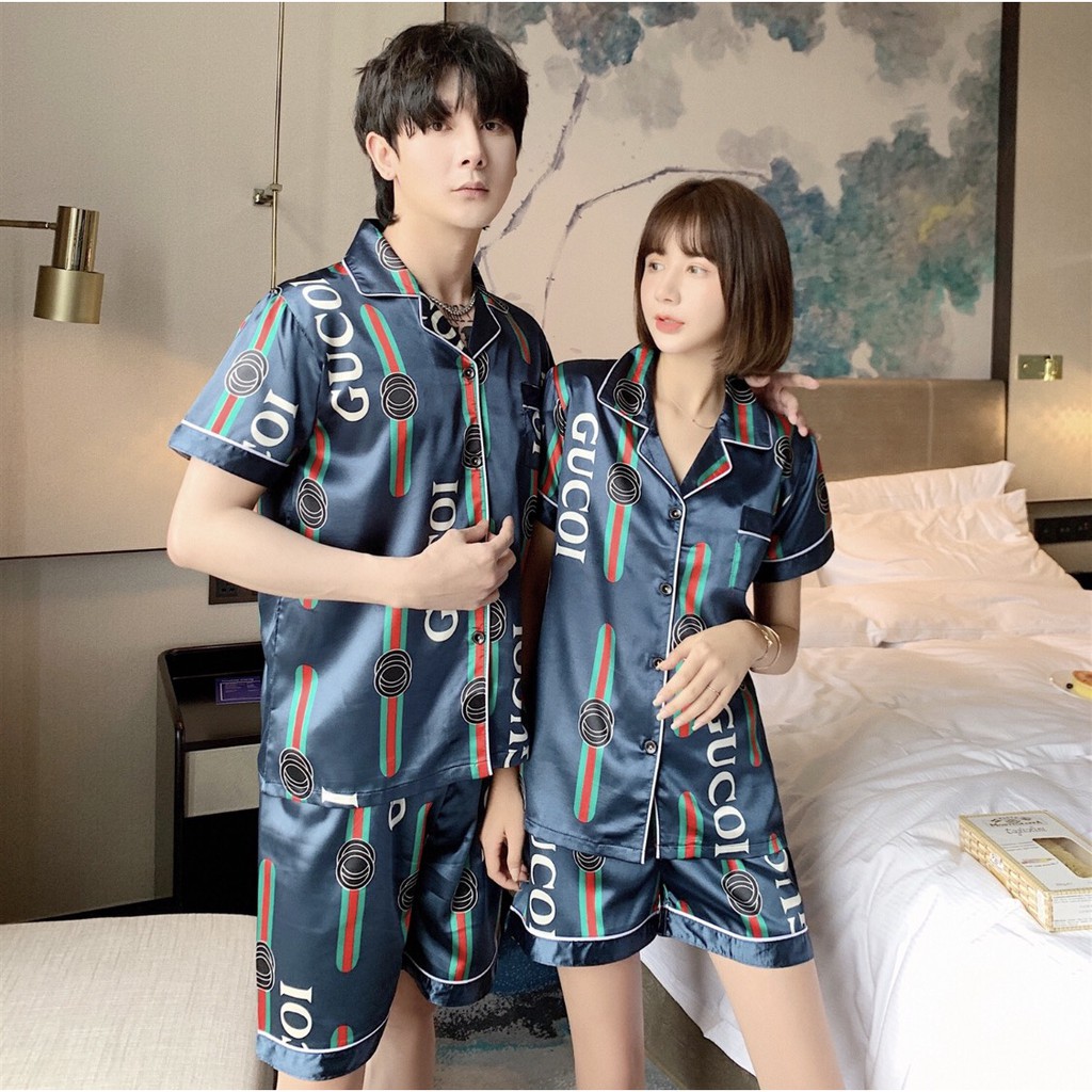 Bộ bộ pijama cộc tay couple nam nữ chất vải lụa phi bóng siêu mát | BigBuy360 - bigbuy360.vn