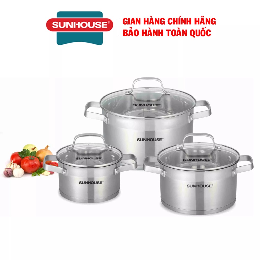 Bộ 3 nồi inox cao cấo 5 đáy bếp từ SUNHOUSE  16 20 24 CM (dùng được trên mọi loại bếp)  chính hãng bảo hành toàn quốc