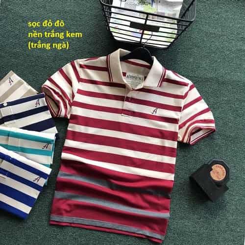 Áo thun nam sọc xanh đen nền trắng kem