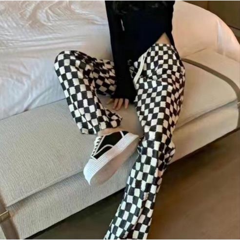 Quần Dài Ống Rộng Lưng Cao Họa Tiết Sọc Caro Trắng Đen Thời Trang Xuân Hè Cho Nữ
