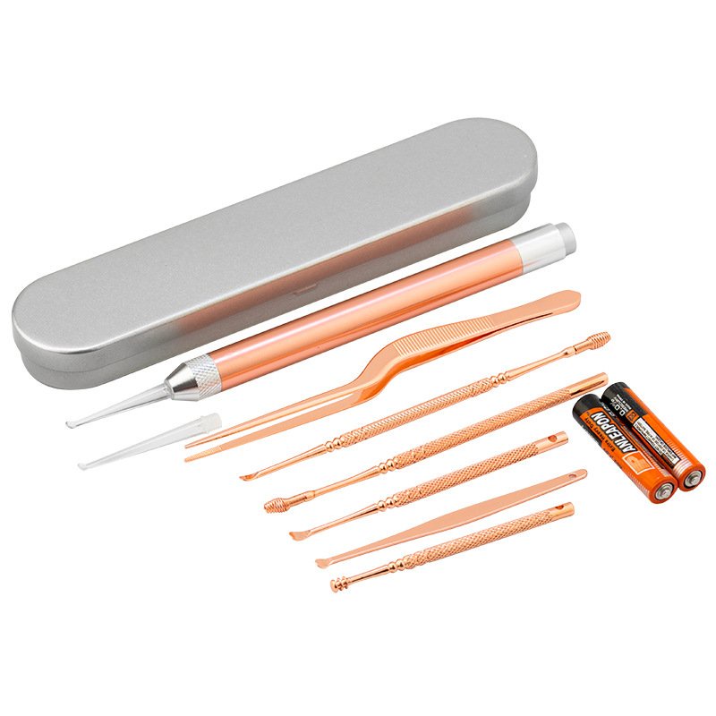 Bộ 7 Dụng Cụ Lấy Ráy Tai Có Đèn LED Bằng Thép Không Gỉ Màu Vàng Hồng Chất Lượng Cao (Tặng kèm hộp và pin)