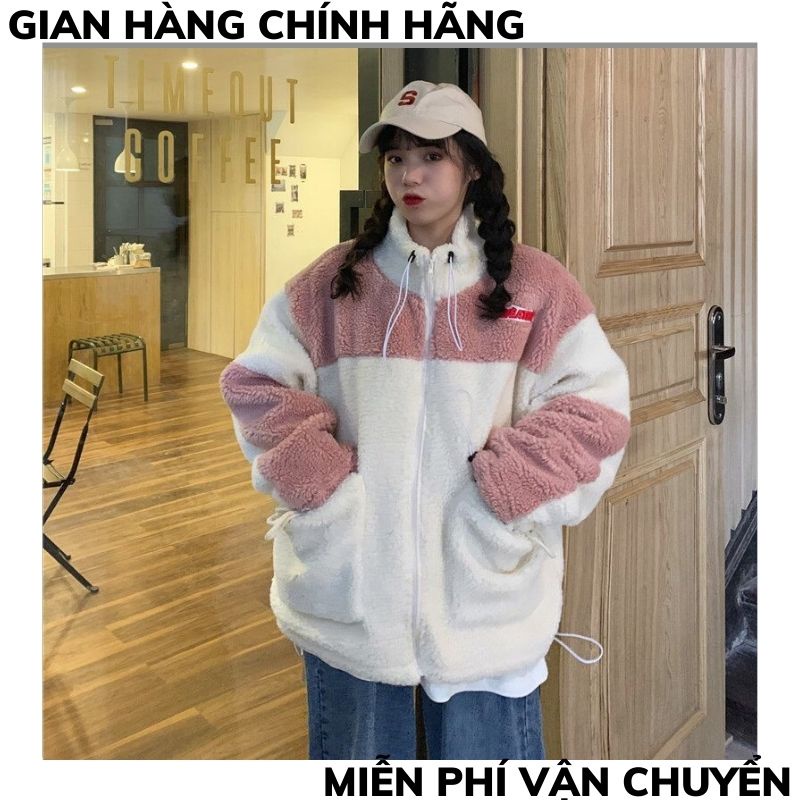 Áo khoác lông cừu phối mầu trắng hồng ,mượt mà, áo khoác lông nữ, siêu ấm, XƯỞNG MAYTC2