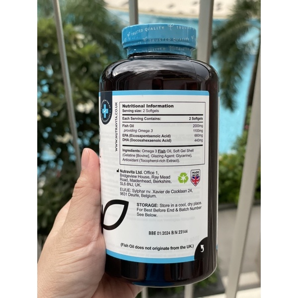Omega 3 Nutravita UK 2000mg Fish Oil, 240 viên