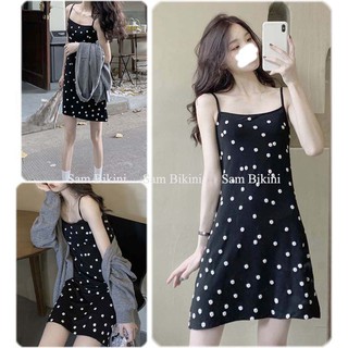 Váy 2 dây, đầm hai dây ulzzang, dáng ngắn năng động, Váy xòe hai dây chiết eo màu đen