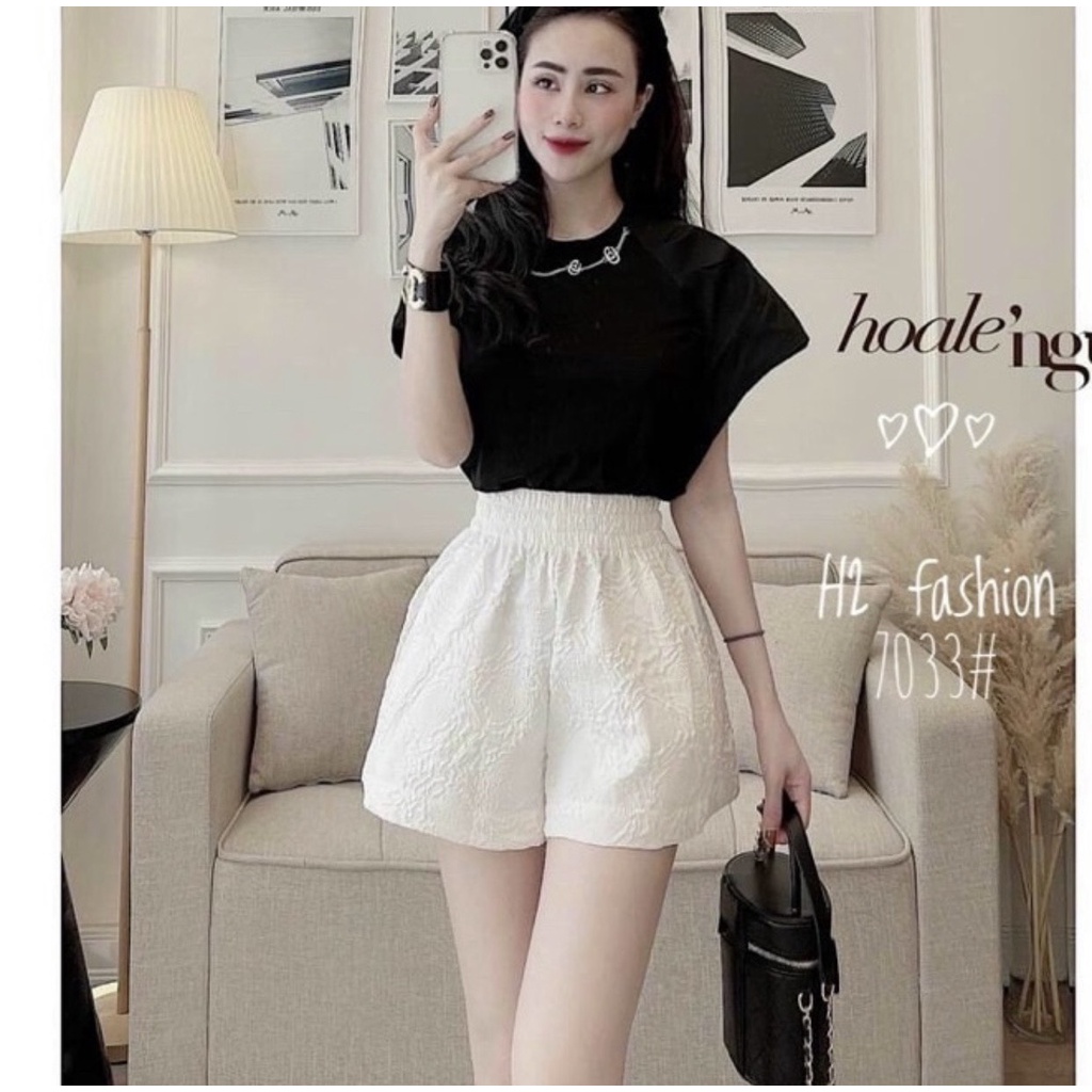 Quần short nữ dập nổi 3D xốp phồng hàng đẹp, Quần short nữ cạp chun lưng cao ống rộng vải xốp phồng nữ in hoa vân