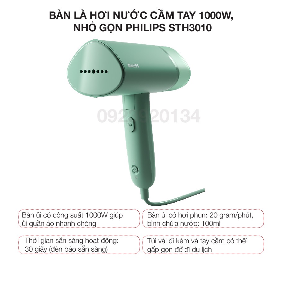 [Mã ELHADEV giảm 4% đơn 300K] Bàn là hơi nước cầm tay 1000w, nhỏ gọn Philips STH3010