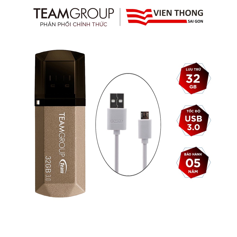 USB 3.0 Team Group C155 32GB + Cáp micro USB tròn Romoss - Hãng phân phối chính thức