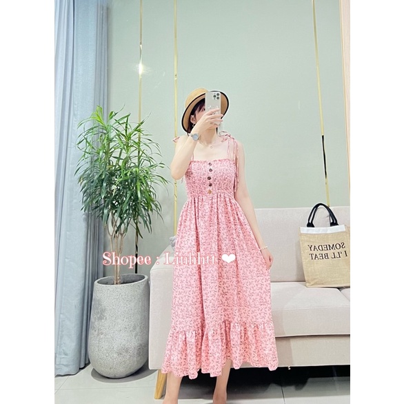 VÁY 2 DÂY HOA NHÚN NGỰC VÁY MAXI DÁNG DÀI FREESIZE