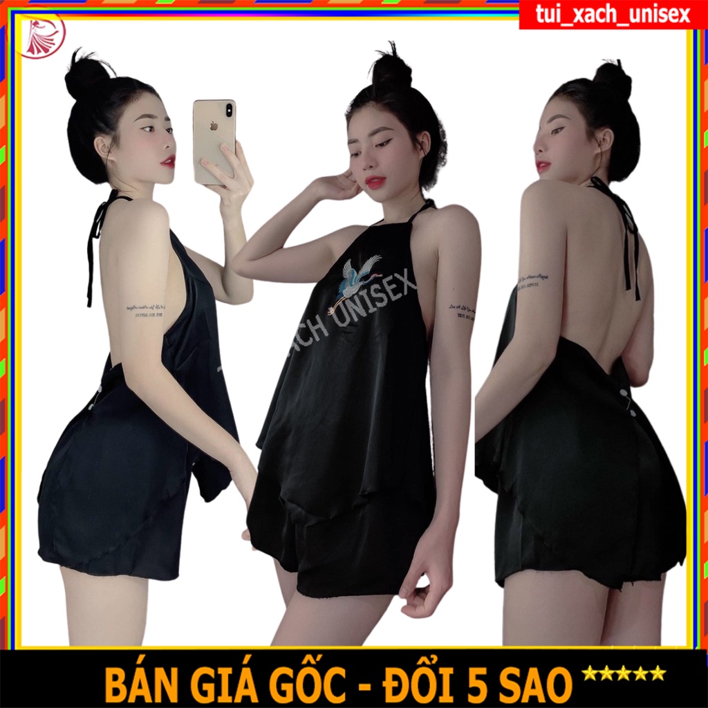 ❤️ MẪU HÓT ❤️ Yếm ngủ sexy thêu hạc lụa satin mềm mịn hở lưng freesize dưới 60kg , đồ mặc nhà nữ 2 dây M22