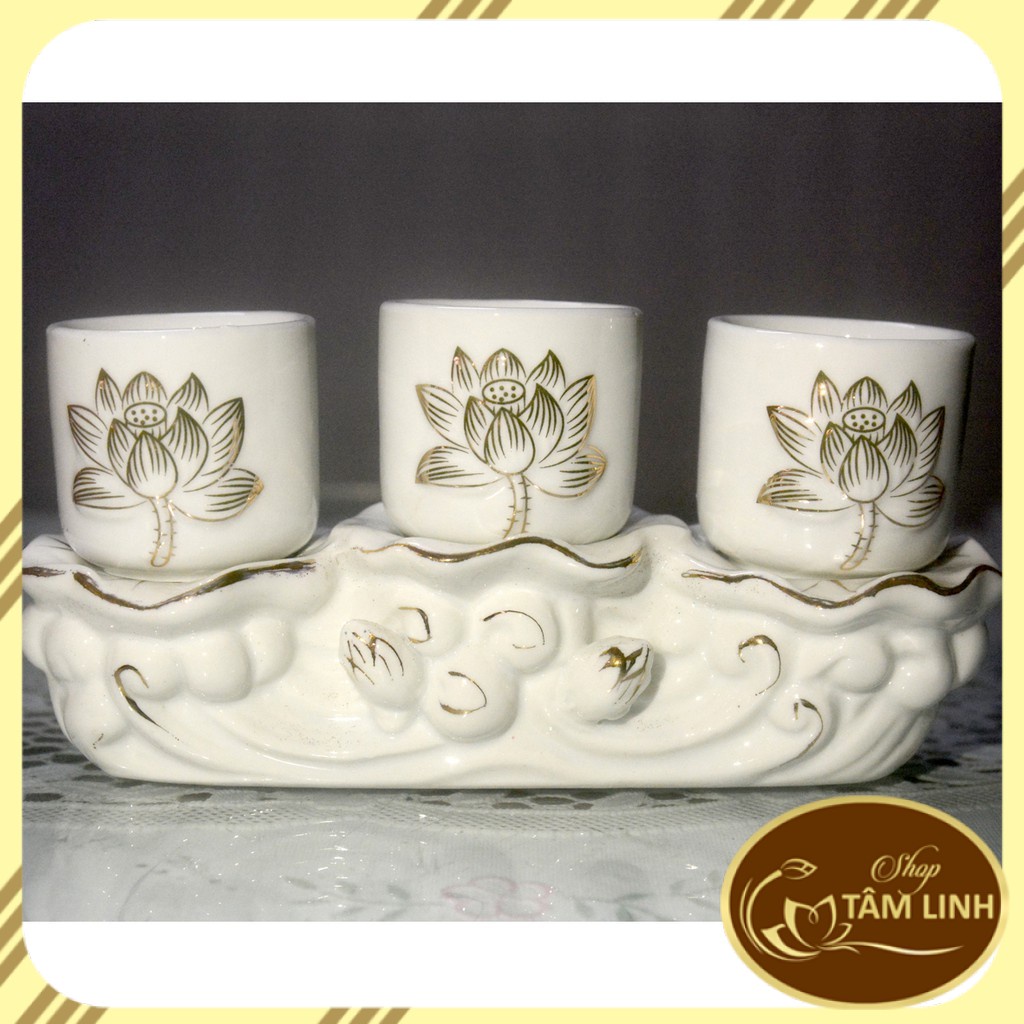 Án ba- Bộ ba ly nước thờ cúng hoa Sen Trắng