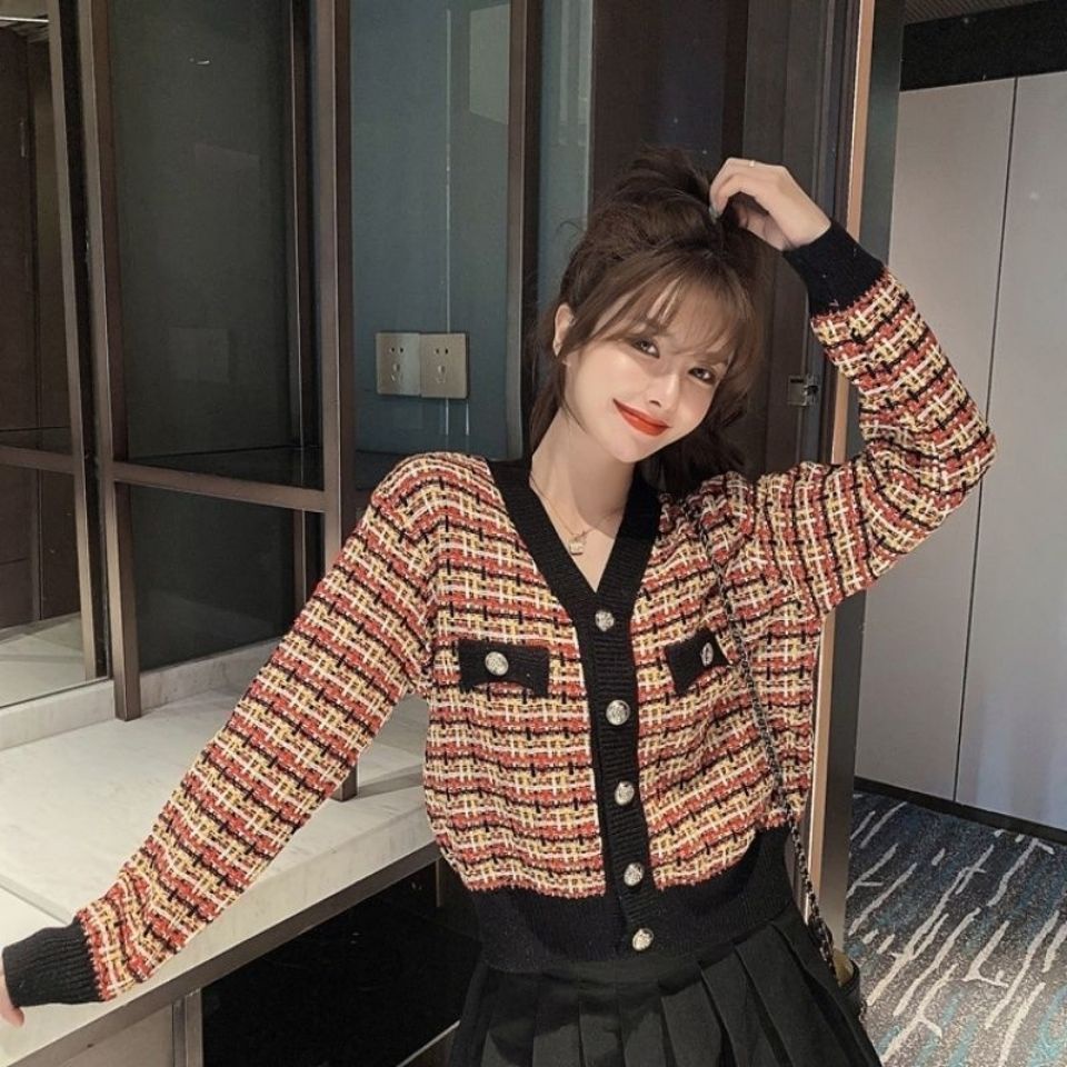 Áo khoác len cardigan họa tiết sọc caro phong cách Hàn Quốc thời trang cho nữ