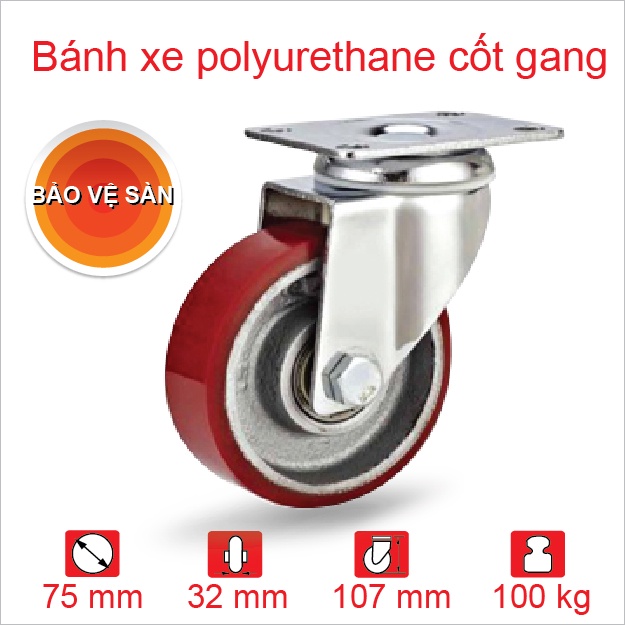 75mmBánh xe PU đúc Eco càng xoay 360 độ - Bánh xe công nghiệp CAO CẤP - Polyurethane - Happy Move Thái Lan