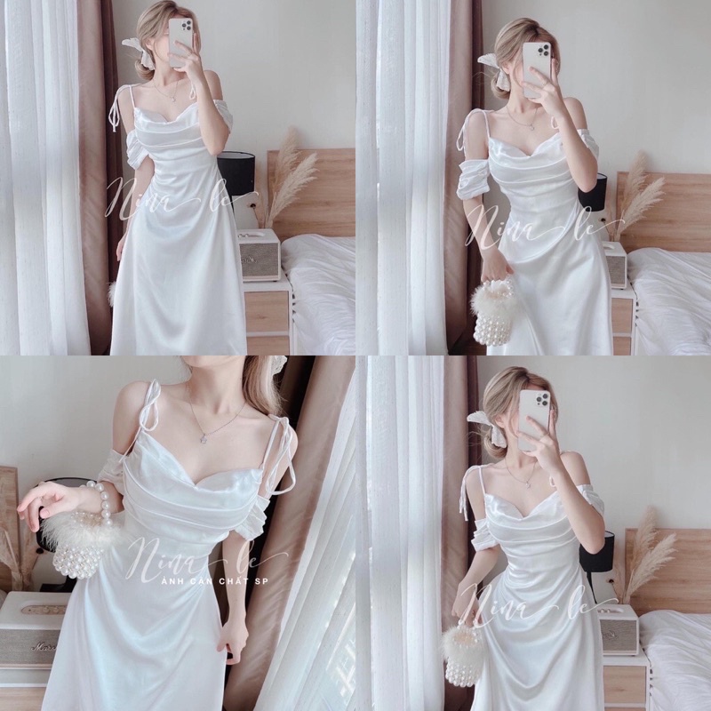 VÁY TRẮNG 2 DÂY PHI BÓNG CỔ ĐỔ RỚT VAI, Đầm dài body 2 dây cổ đổ