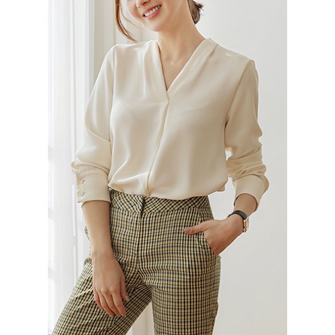 Áo sơ mi nữ công sở cao cấp Hàn Quốc đẹp BL101 màu kem vải mềm mươt không nhăn KRfashion