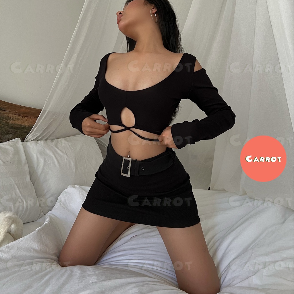 Áo croptop tay dài khoét ngực sexy chân váy ngắn đen basic ôm eo tôn dáng quyến rũ đi chơi, chụp ảnh Carrotxinhdep