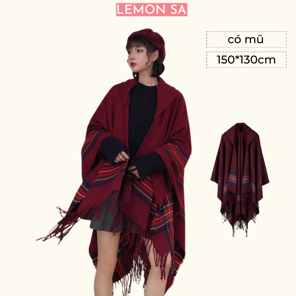 Áo choàng len ấm mùa đông phong cách cổ điển, du mục, có mũ dành cho nữ - Mã LE27