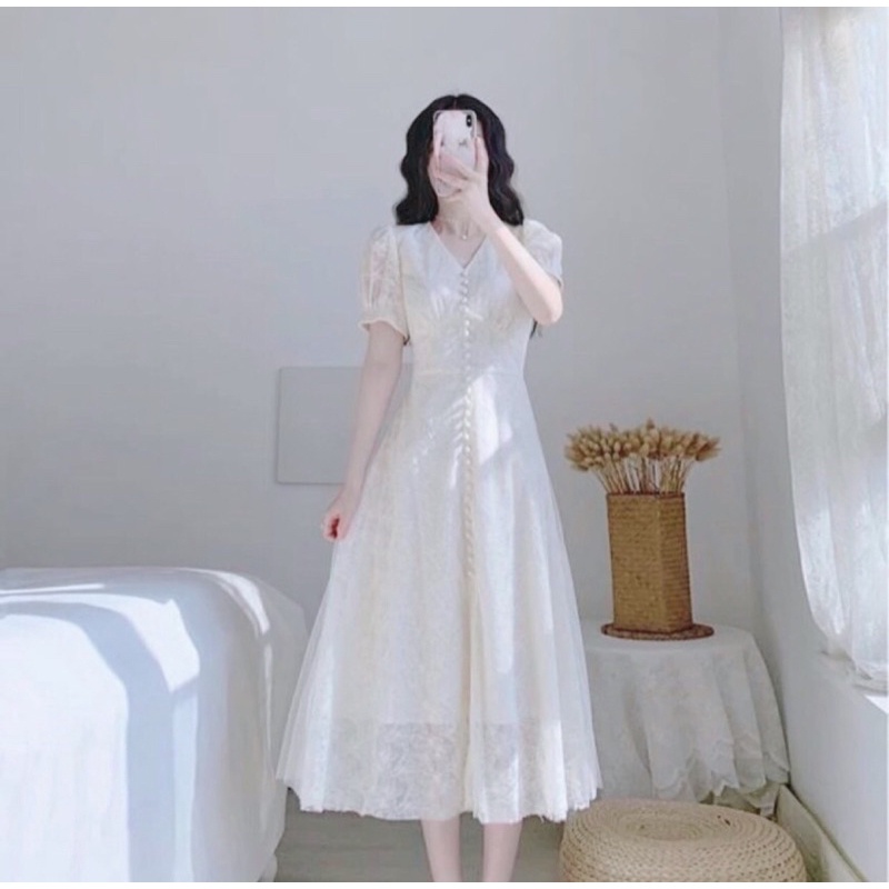 ĐẦM MiDi HOA Mãi CỔ V PHONG CÁCH Vintage Quyến Rủ - Váy Ngắn TAY TIÊU THƯ👉 Đần Phối Ren 2 Lớp Trắng Sang N.U