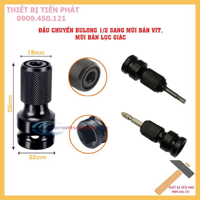 Đầu Chuyển Bu Lông 1/2 Sang Mũi Bắn Vít, Mũi Bắn Lục Giác 6.35mm Cao Cấp