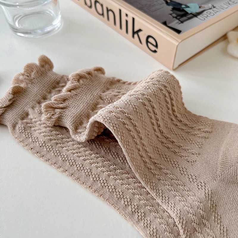 Vớ cổ cao vừa gấu nhún bèo màu trơn cotton lưới thoáng khí phong cách ngọt ngào đáng yêu dành cho nữ