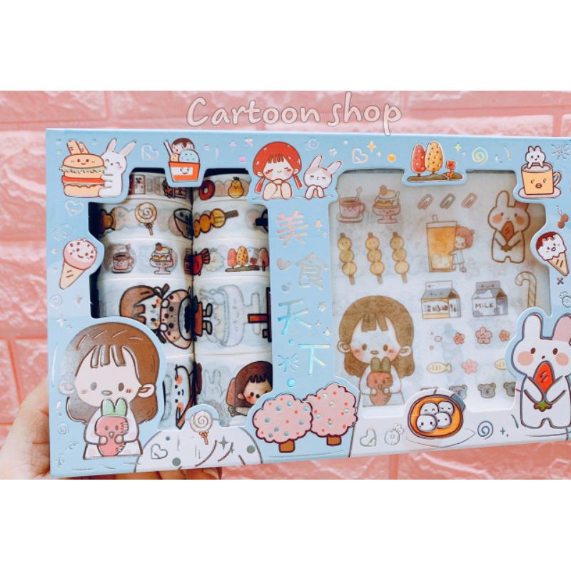 Hộp 10 băng keo washi tape và stickers trang trí