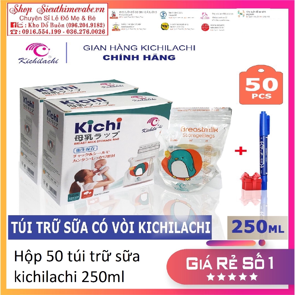 Hộp 50 Túi Trữ Sữa kichilachi/ sunny 250ml [ tặng kèm bút ghi thông tin]